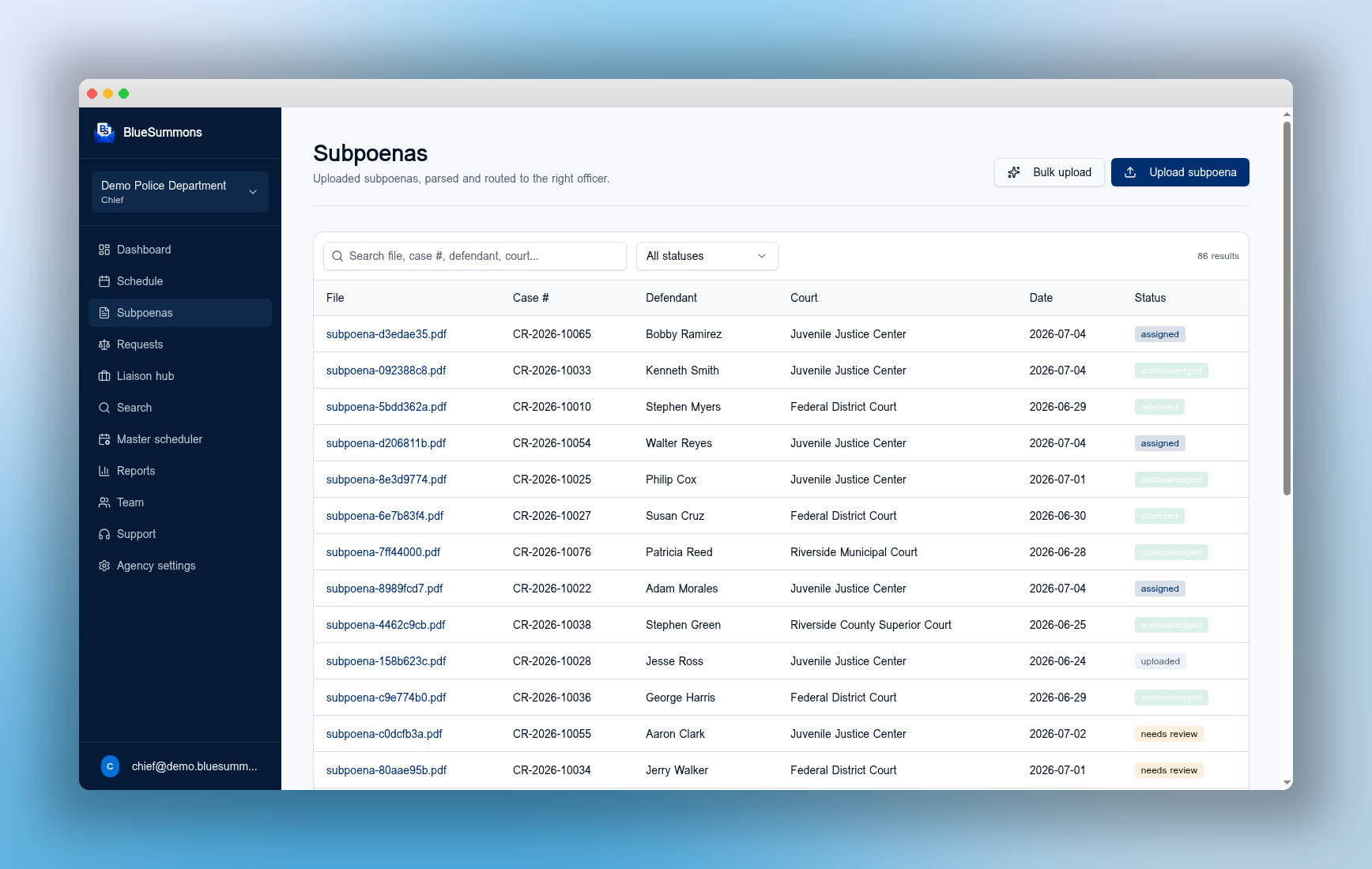 Subpoena intake queue with parsed cases