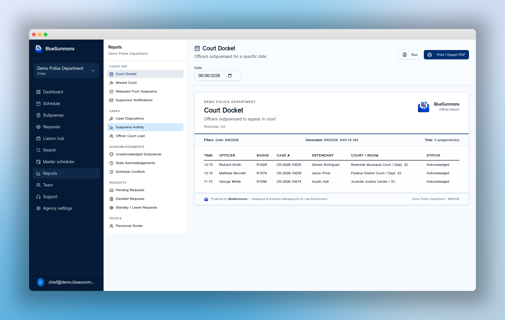 Audit-grade court docket report